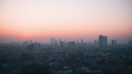 Serene Urban Sunrise Over Cityscape with Soft Pastel Hues