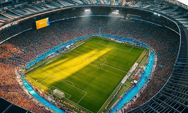 Large sports stadium, aerial view, night time, illuminated soccer field, packed stands, vibrant orange and blue colors, retractable roof, modern architecture, floodlights, championship atmosphere.