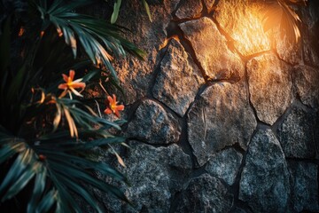 A stone wall with a beam of light shining on it, great for use in scenes where guidance or hope is needed