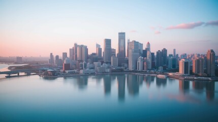 Fototapeta premium Aerial View of Urban Skyline at Sunset Over a Serene Waterfront