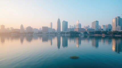 Fototapeta premium Serene Morning Skyline Reflection Over Calm Water in Urban Setting