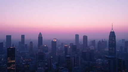 Obraz premium City Skyline at Dusk with Soft Pink and Purple Hues in Background