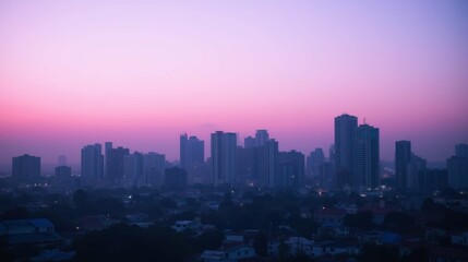 Serene Cityscape at Dusk with Purple and Pink Skies over Buildings