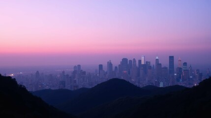 Fototapeta premium Serene Sunset Over Urban Skyline with Mountains in Foreground