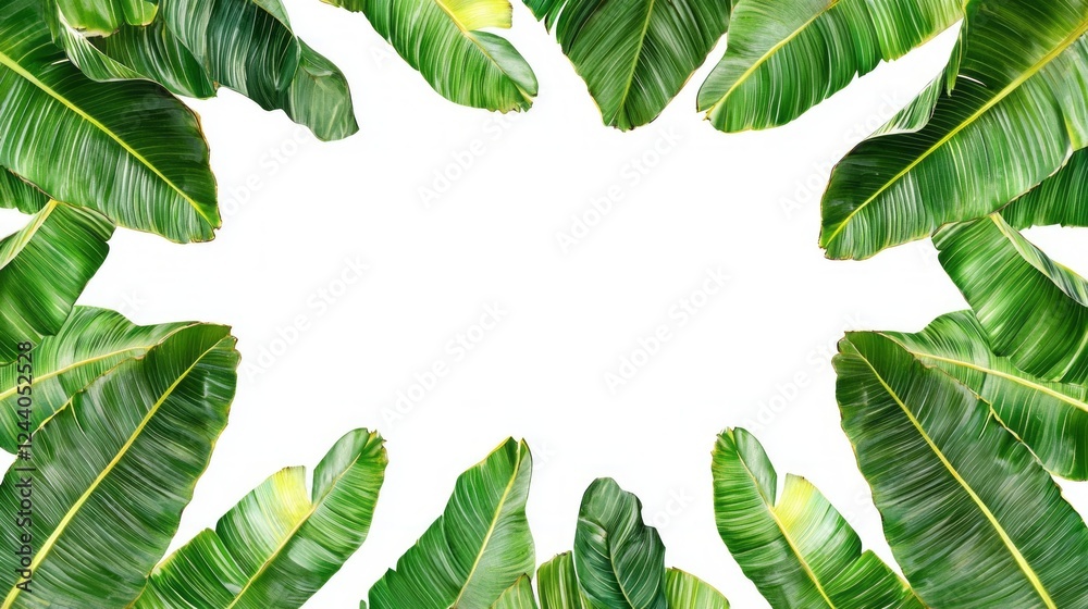 Poster lush banana leaves surround an empty space, creating a vibrant frame that evokes feelings of tranqui