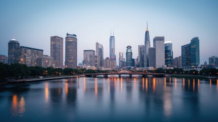 Fototapeta premium Majestic City Skyline at Dusk Reflecting in Calm Waters
