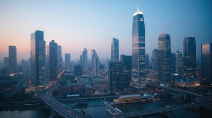 Urban Skyline at Dusk with Modern Skyscrapers and City Lights