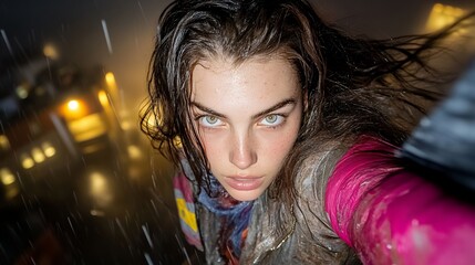 Intense Young Woman In The Rain At Night