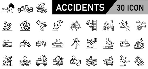 Minimalist Accidents Icon Pack | 30 Outline Vector Icons, Editable stroke. 