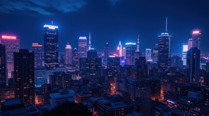 Obraz premium Vibrant Nightscape of a City Skyline with Illuminated Buildings