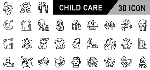 Minimalist Child Care Icon Pack | 30 Outline Vector Icons, Editable stroke. 