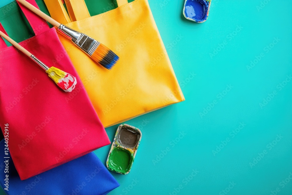 Poster a pair of paint brushes and a tote bag on a table or shelf