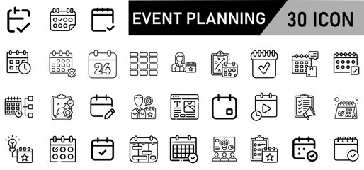 Minimalist Event Planning Icon Pack | 30 Outline Vector Icons, Editable stroke. 