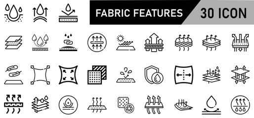 Minimalist Fabric Features Icon Pack | 30 Outline Vector Icons, Editable stroke. 