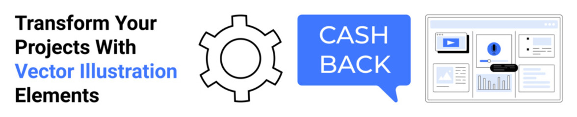 Gear icon, cashback speech bubble, and data dashboard screen representation. Ideal for business tools, marketing analysis, financial benefits, office projects, startup concepts, UIUX ideas flat