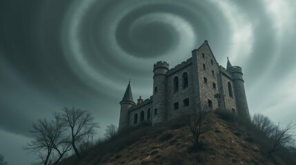 Naklejka premium Mysterious Castle Under Dramatic Swirling Stormy Sky