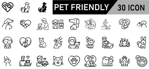 Minimalist Pet Friendly Icon Pack | 30 Outline Vector Icons, Editable stroke. 