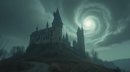 Obraz premium Enigmatic Castle Surrounded by Dark Twisted Clouds and Swirling Sky