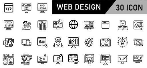 Minimalist Web Design Icon Pack | 30 Outline Vector Icons, Editable stroke. 