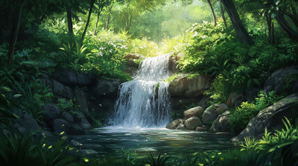 Obraz premium Serene Waterfall Surrounded by Lush Greenery in a Tranquil Forest Setting