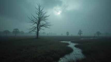 Misty Landscape with Bare Trees by a Meandering Stream at Dusk