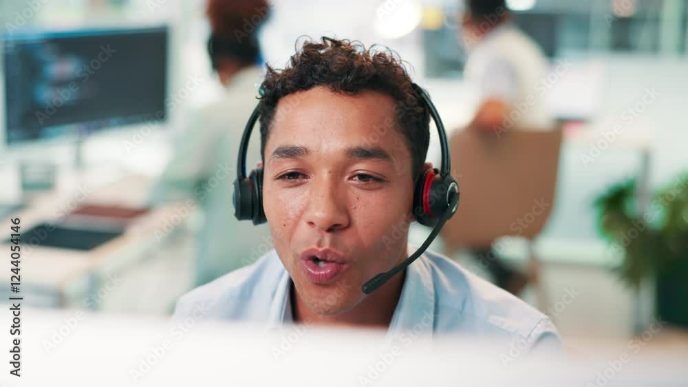 Poster Call center, face or man on computer in IT support for communication, software or customer service. Mic, talk or virtual assistant consulting online for technical solution, system update or advice