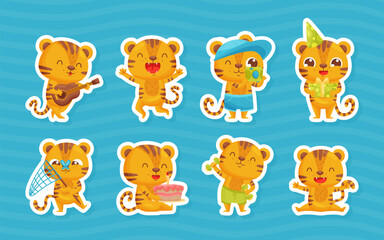 Cute Tiger Animal Engaged in Different Activity Vector Sticker Set
