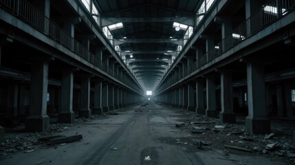 Fototapeta premium Abandoned Warehouse Interior with Dim Lighting and Concrete Structures