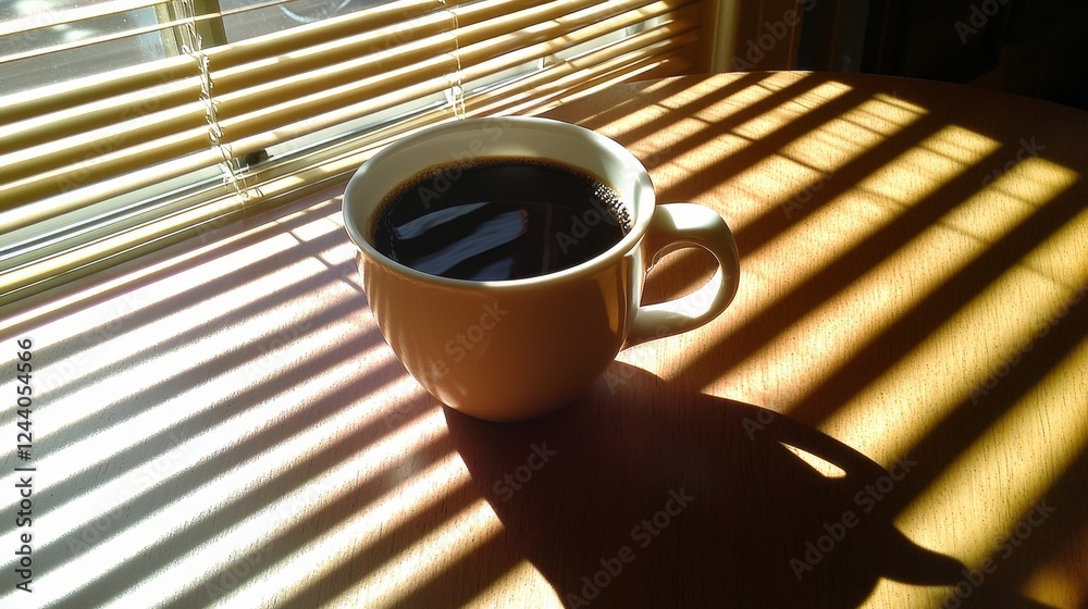 Poster a warm cup of coffee sits on a wooden table, catching rays of sunlight as it streams through window 