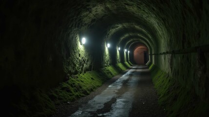 Dimly Lit Underground Tunnel Surrounded by Mossy Walls and Shadows