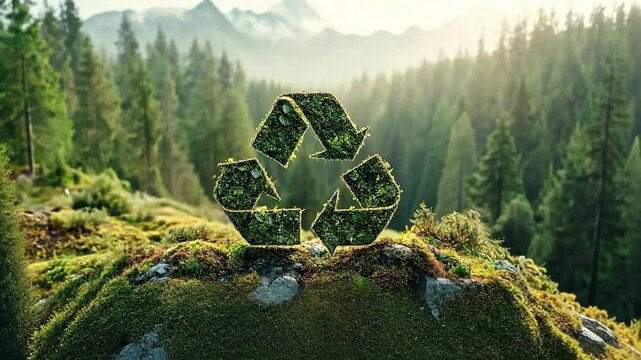 Recycling Symbol in Nature: A lush green recycling symbol crafted from foliage sits atop a mossy rock, overlooking a breathtaking vista of a pristine forest bathed in the golden light of dawn.