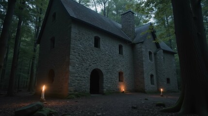 Obraz premium Eerie Stone House Surrounded by Dark Forest at Twilight
