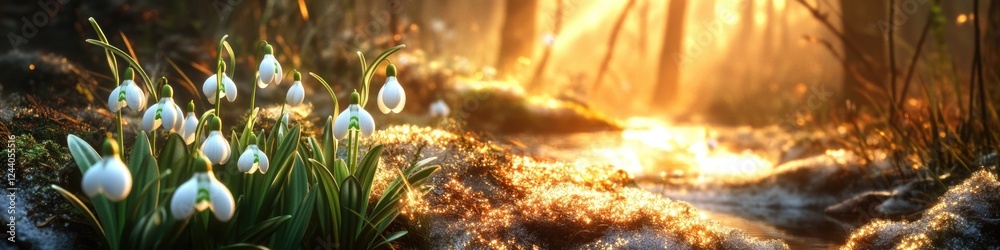 Poster a cluster of snowdrops grows among trees in a forest at sunset