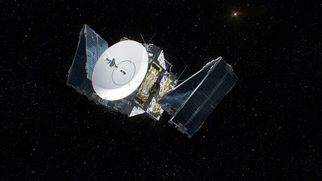 Satellite Flying in Deep Space Using Solar Arrays Beautiful View 3d Animation. Modern Satellite for Space Exploration, Solar System, Asteroids, Universe. AI Research, Science, Technology Concept 4k.