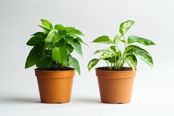 Obraz premium Two vibrant houseplants in terracotta pots thriving in indoor setting with bright light. Generative AI