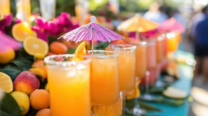 Colorful Assortment of Tropical Cocktails with Umbrellas Surrounded by Fresh Fruits