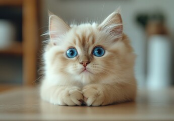 Adorable fluffy kitten with striking blue eyes looking curiously at the camera on a wooden surface with a soft blurred background in a cozy room
