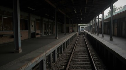 Obraz premium Abandoned Train Station Interior with Empty Platforms and Tracks