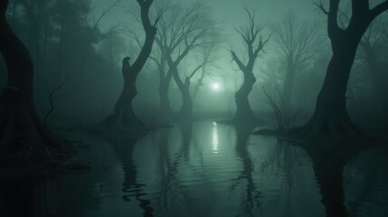 Obraz premium Atmospheric Foggy Forest with Gnarled Trees Reflecting in Water