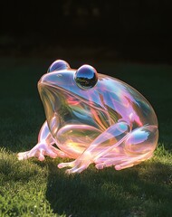 A smooth, inflated translucent plastic frog sits motionless on a patch of short grass, bathed in soft, dappled sunlight that plays across its shiny surface. The frog s bulbous eyes reflect the light,
