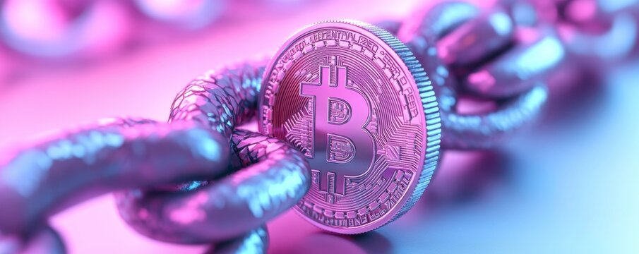 A close-up of a Bitcoin surrounded by metallic chains, illuminated with vibrant pink and blue lights, symbolizing cryptocurrency and blockchain technology.