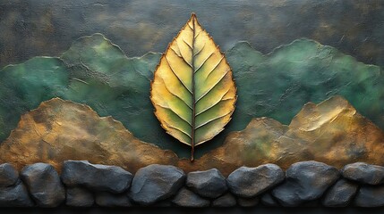 Golden Leaf Against Textured Mountain Landscape