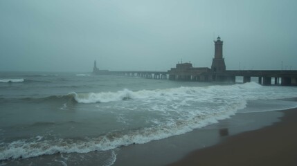 Fototapeta premium Foggy Beach Scene with Lighthouse and Pier at Dusk