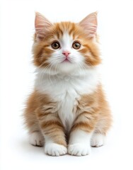 Obraz premium Adorable fluffy orange and white kitten with bright eyes sitting calmly against a plain white background, perfect for pet-related projects and cute animal themes.