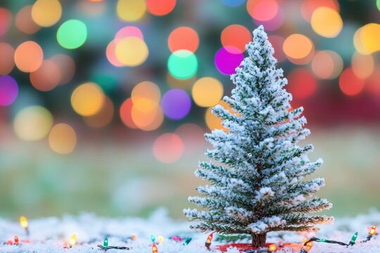A small Christmas tree sits on top of a snowy ground, perfect for winter scenes or holiday decorations