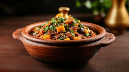 Bowl of assorted food items placed on a wooden table with a rustic setting