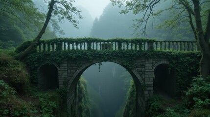 Fototapeta premium Serene Foggy Landscape with Stone Arch Bridge Covered in Greenery
