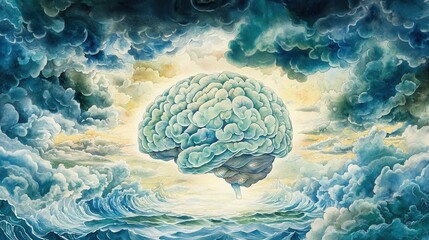 A surreal depiction of a brain floating in stormy clouds, symbolizing knowledge, introspection, and the power of the mind amidst chaotic surroundings.