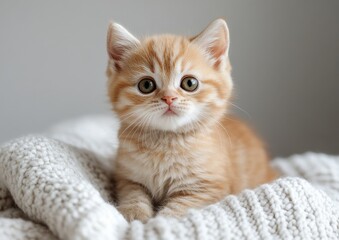 Obraz premium Adorable fluffy orange kitten with big eyes resting on a cozy knitted blanket, perfect for animal lovers and pet-themed projects and designs