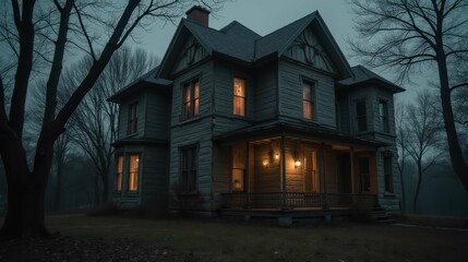 Spooky Old House with Dim Lights at Twilight in Foggy Setting